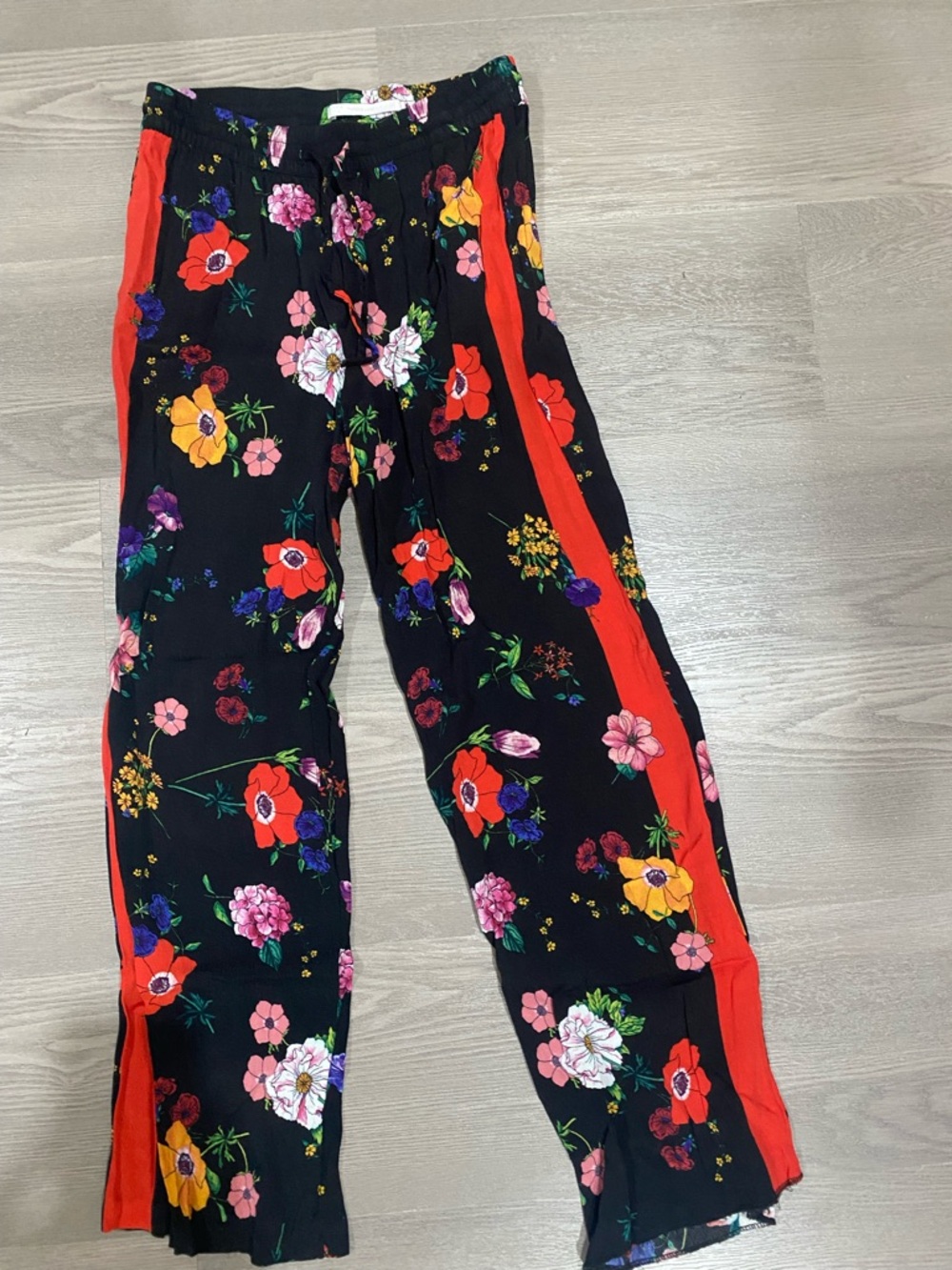 Zara Floral Black Lounge Pants with Red Side Stripe